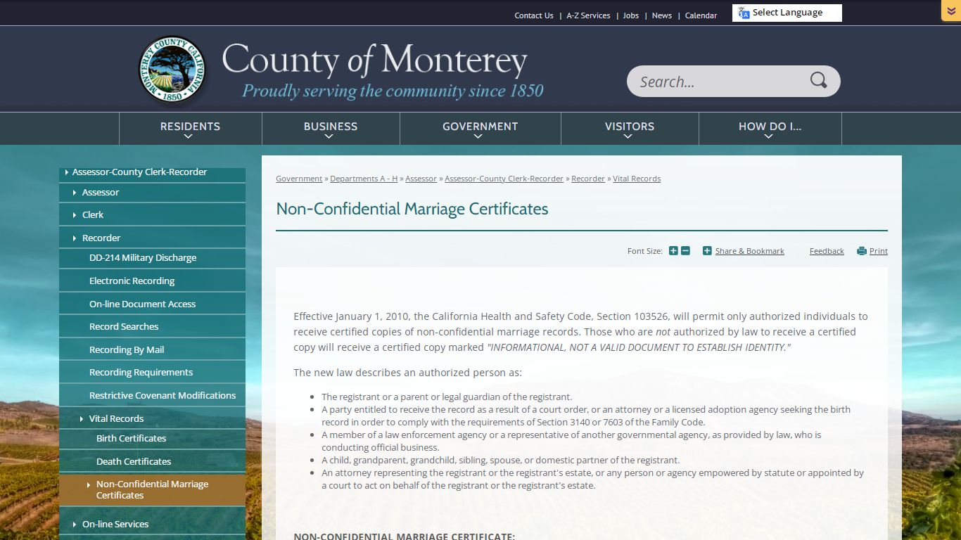 Non-Confidential Marriage Certificates | Monterey County, CA