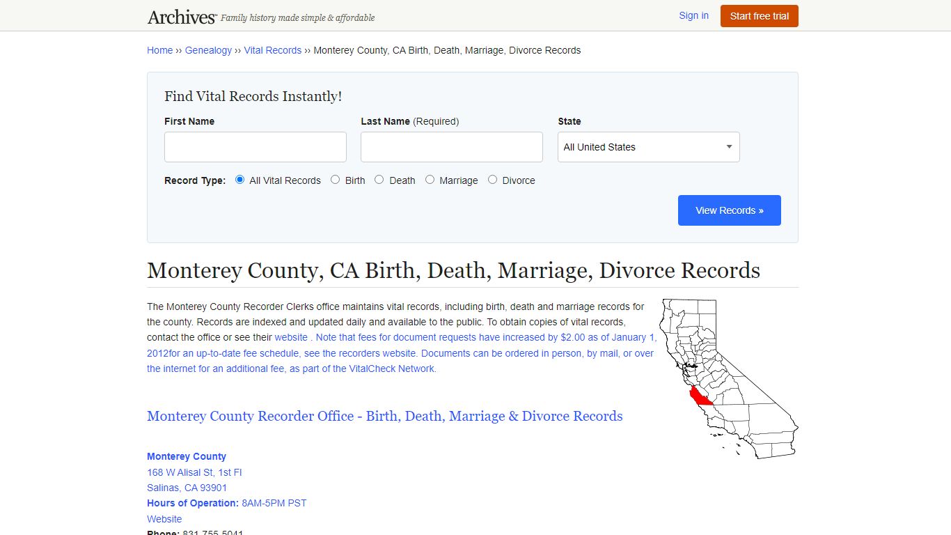 Monterey County, CA Birth, Death, Marriage, Divorce Records
